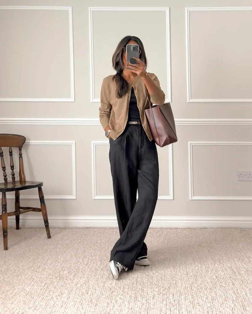 Beige Cardigan and Black Pants for a Cozy Vibe