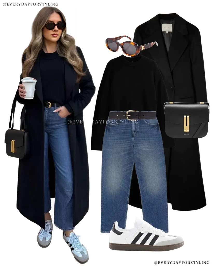 Black Long Coat with Denim and Sneakers