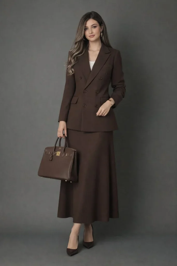 Brown Blazer with Midi Skirt