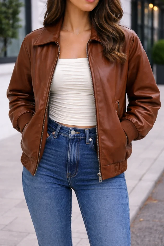  Brown Leather Bomber Jacket with Jeans