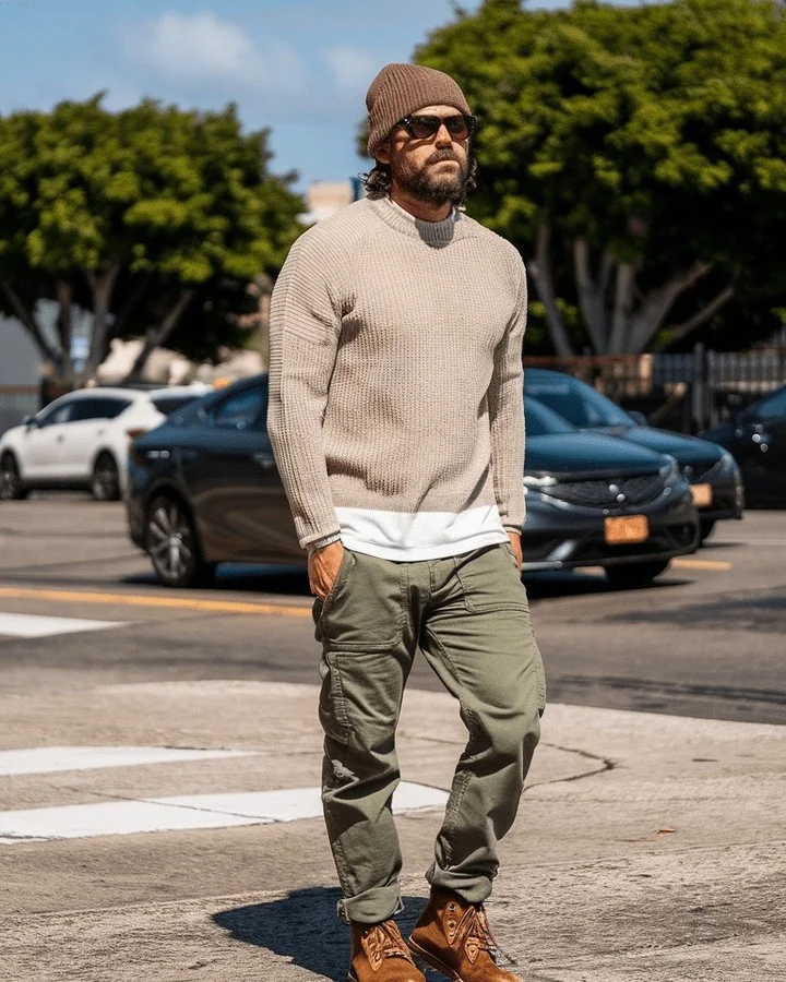 Brown Turtleneck and White Pants for a Modern Look