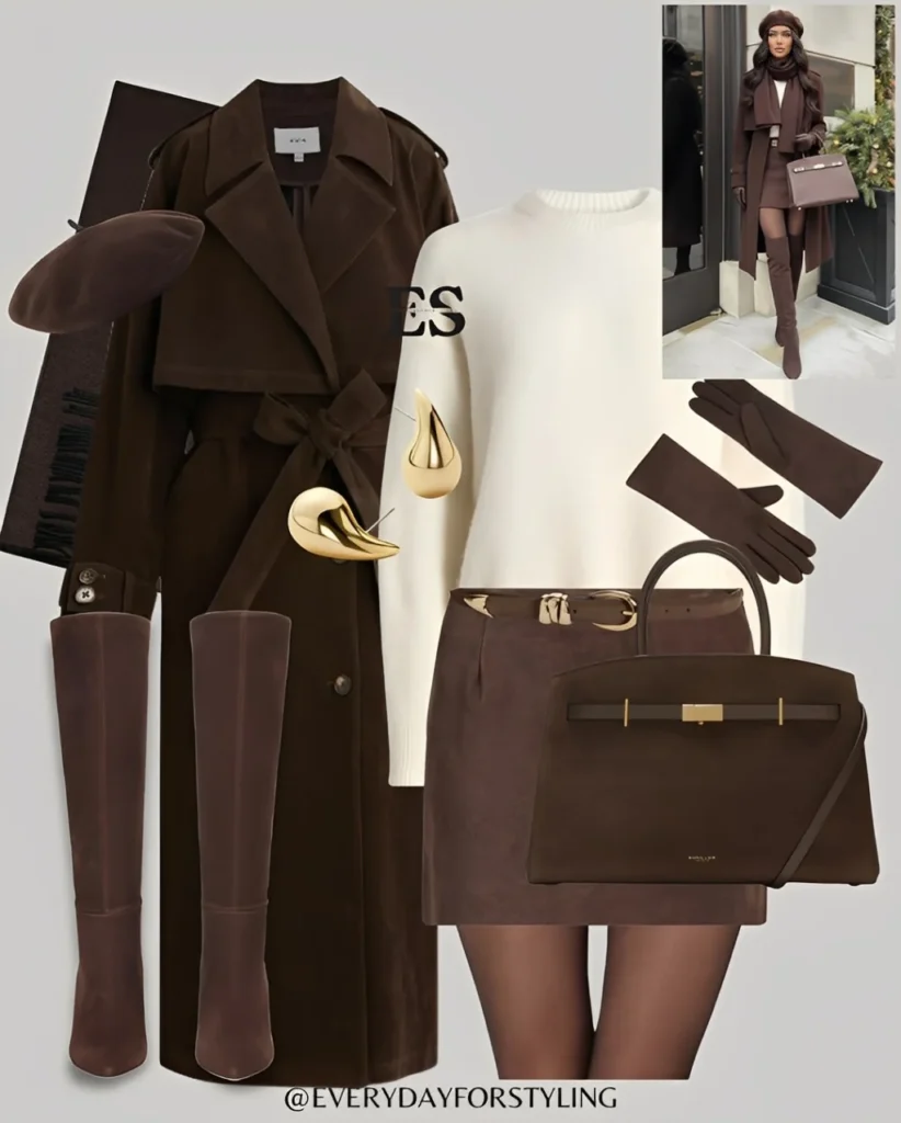 Brown Winter Outfit with Mini Skirt and Boots