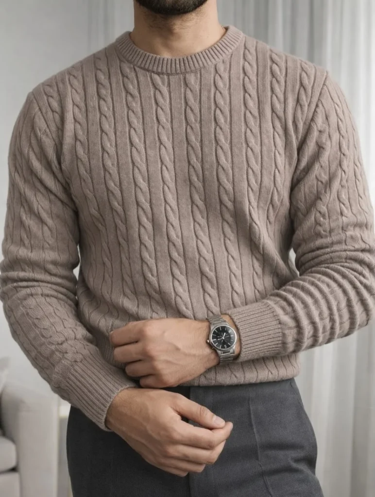 Cable Knit Sweater with Grey Trousers