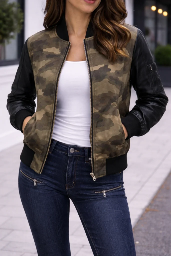  Camouflage Bomber Jacket with Leather Sleeves