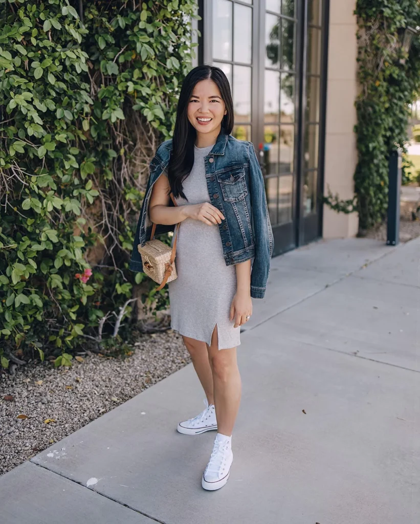 Casual Grey Dress with Denim Jacket