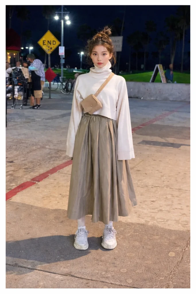 Casual Street Style with a Turtleneck and Pleated Skirt