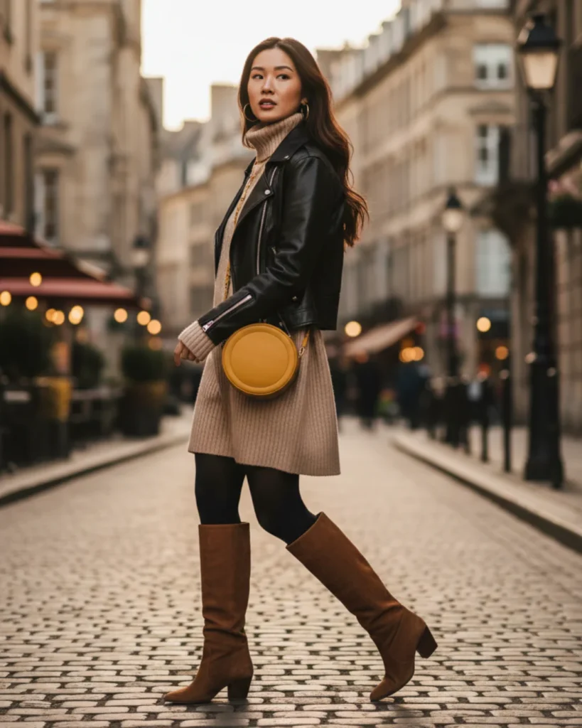 Chic Beige Turtleneck Outfit with Leather Jacket