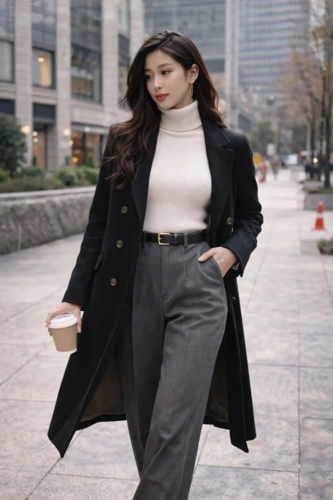 Classic Elegance with a White Turtleneck and Black Coat