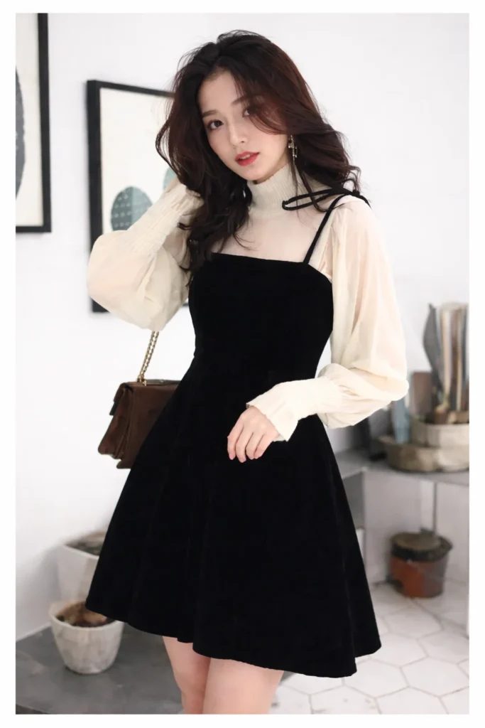 Classy Black Turtleneck with a Velvet Dress