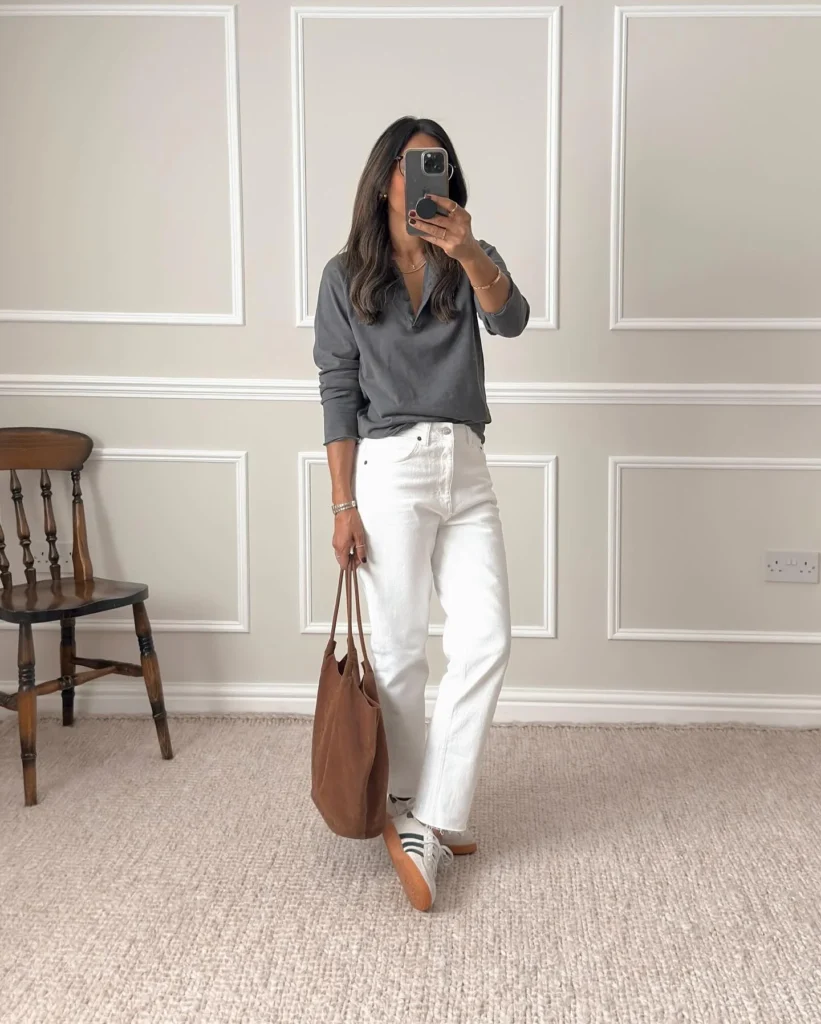 Cozy Gray Top with White Jeans