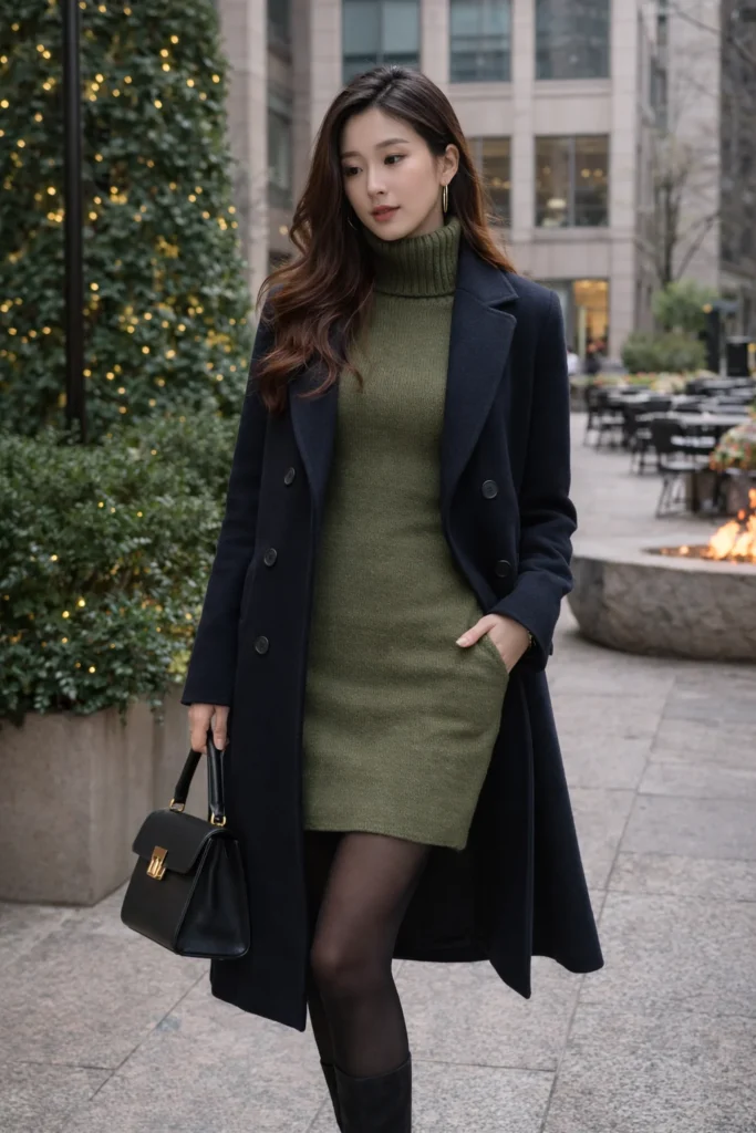 Cozy Green Turtleneck Dress with a Navy Coat