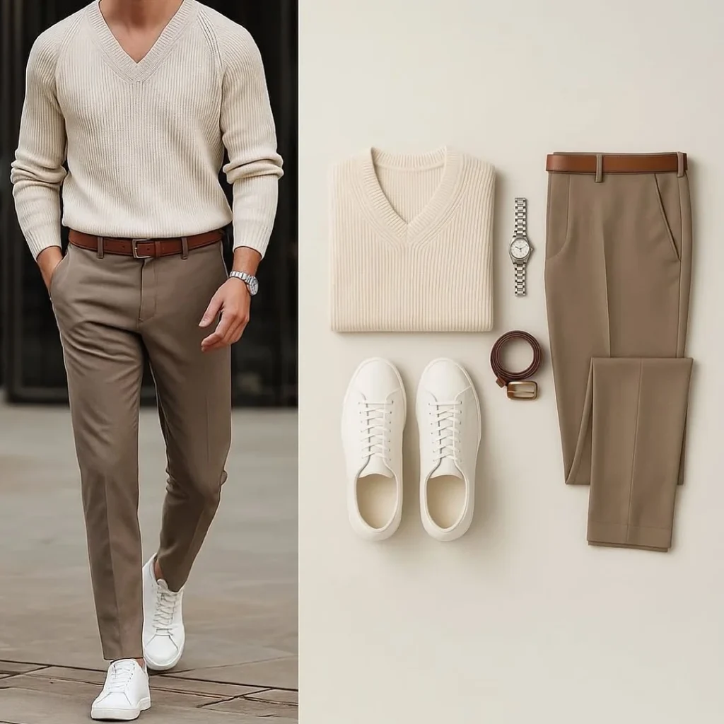 Cream V-Neck Sweater with Neutral Pants