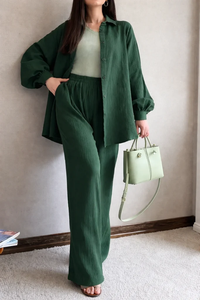 Deep Green Textured Co-Ord Set with Handbag Accent