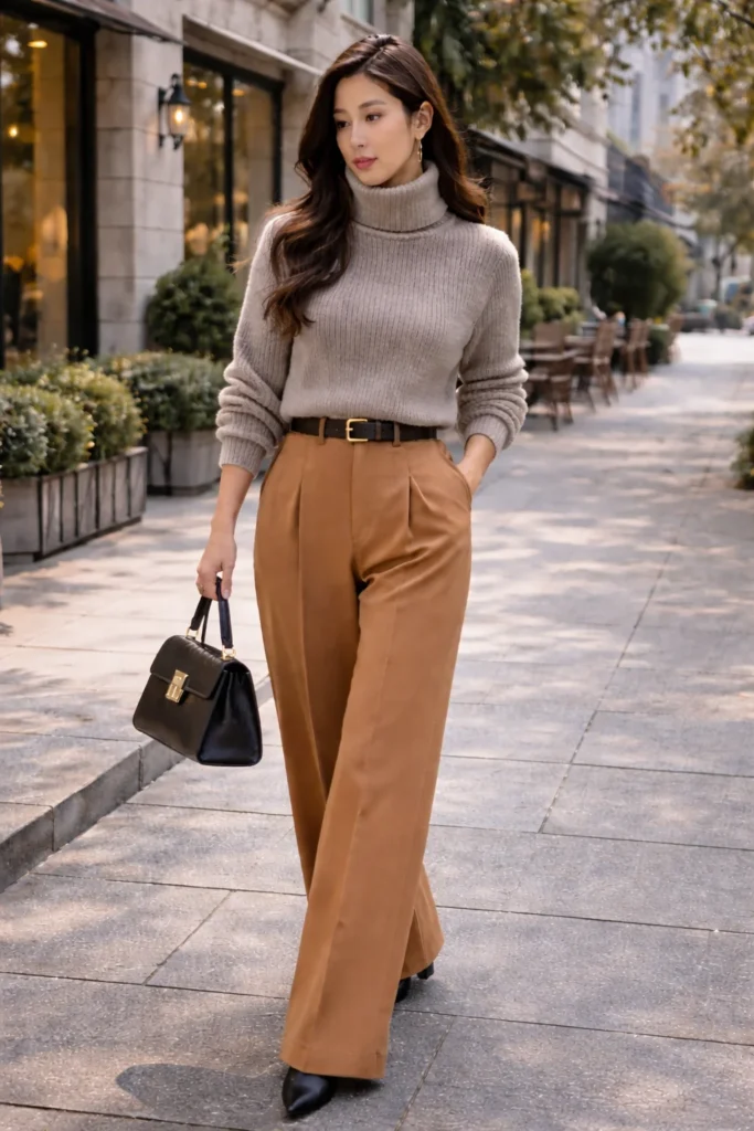 Effortless Chic with a Beige Turtleneck and Brown Trousers