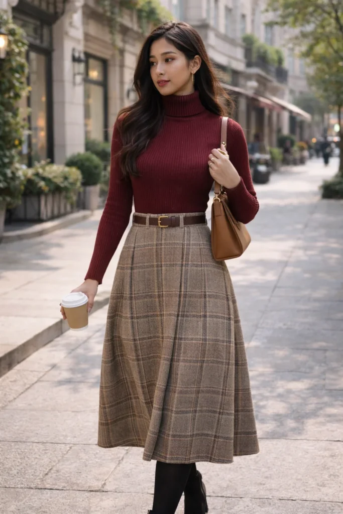 Effortless Elegance with a Red Turtleneck and Plaid Skirt