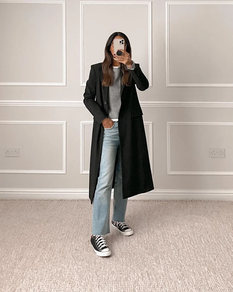 Effortless Style with a Black Coat and Blue Jeans
