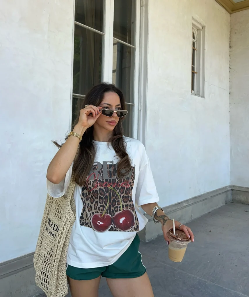 Graphic Tee and Green Shorts for a Casual Day