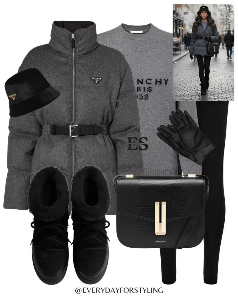 Grey Puffer Jacket with Belted Winter Look