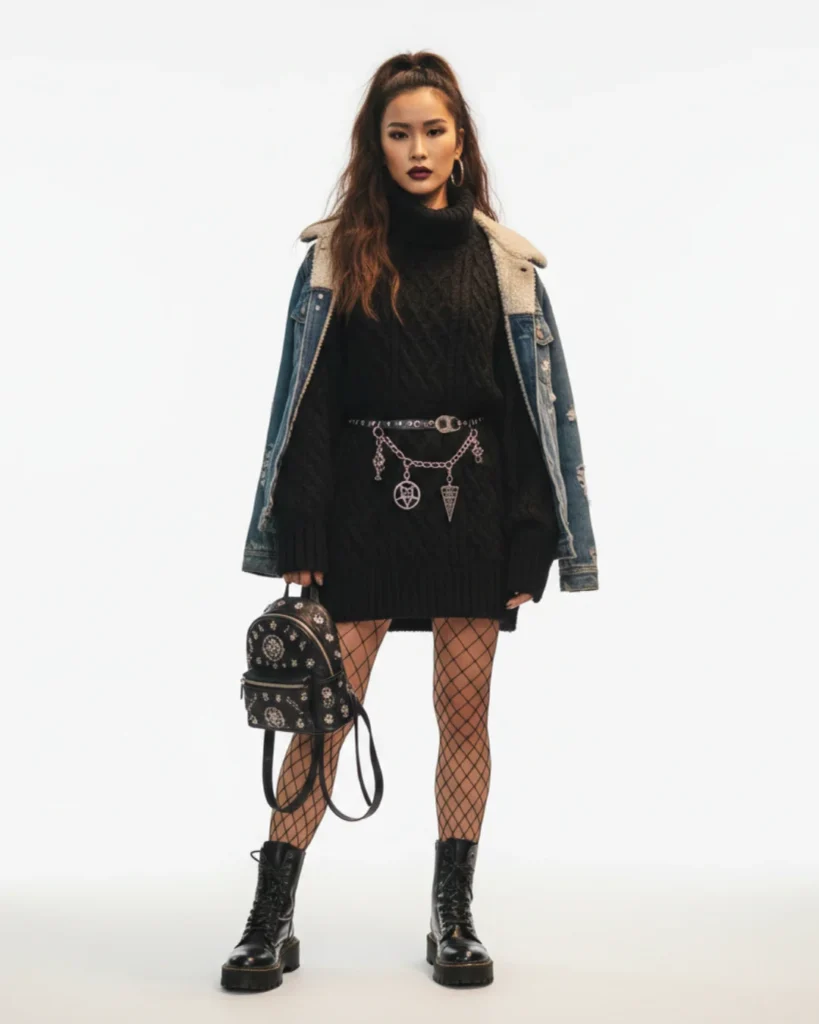 Grunge-Inspired Turtleneck with Edgy Accessories