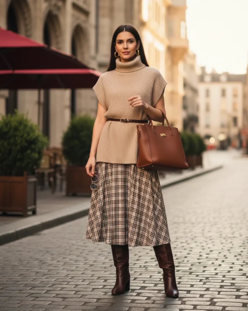 Layered Turtleneck with a Plaid Skirt for a Parisian Vibe