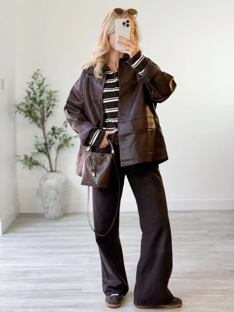 Leather Jacket with Striped Top