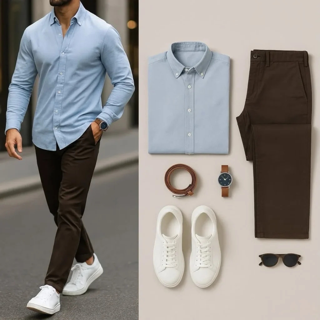Light Blue Shirt with Dark Brown Pants