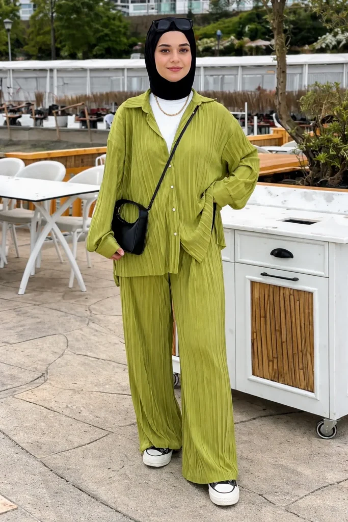 Lime Green Pleated Co-Ord with Modest Styling