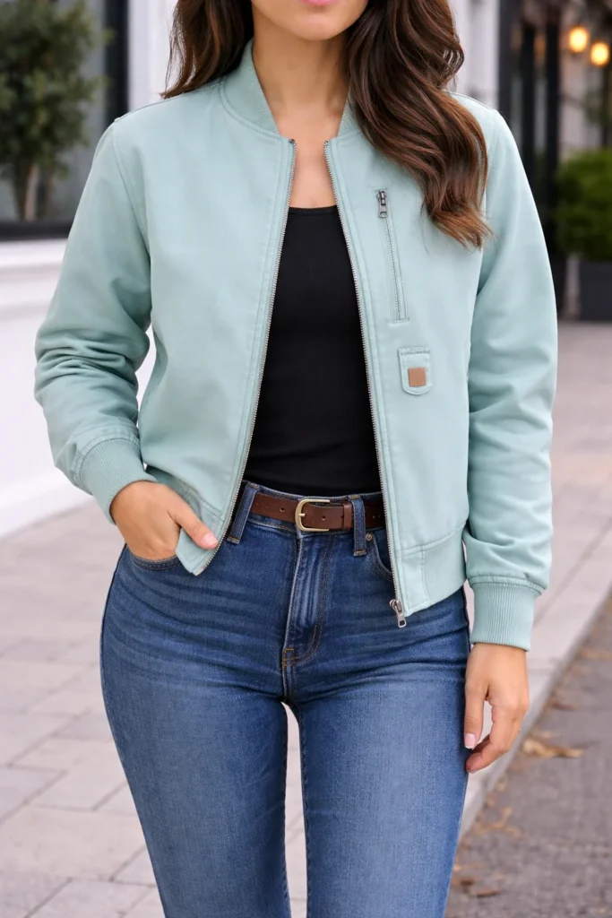  Mint Green Bomber Jacket with High-Waisted Jeans