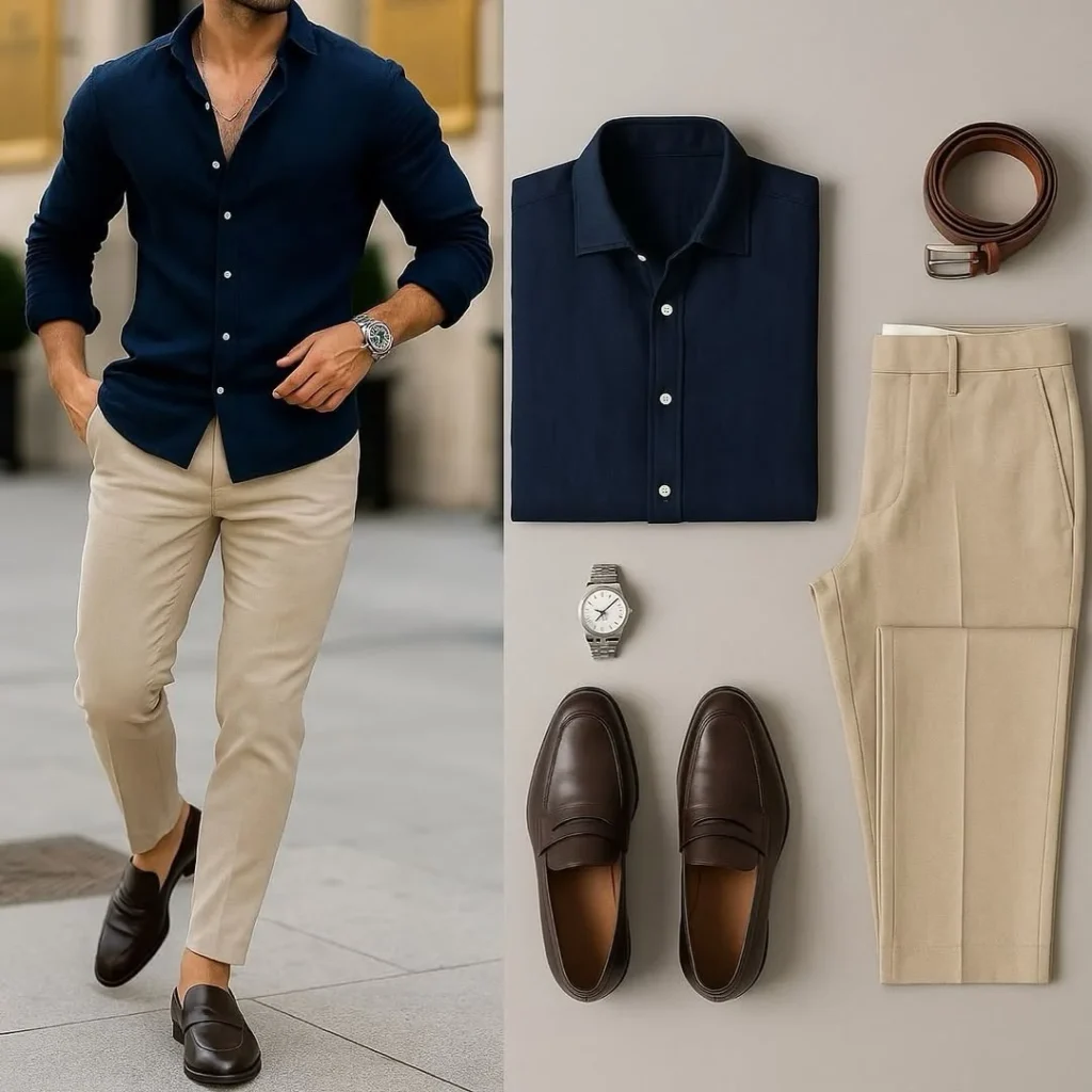 Navy Shirt with Beige Chinos