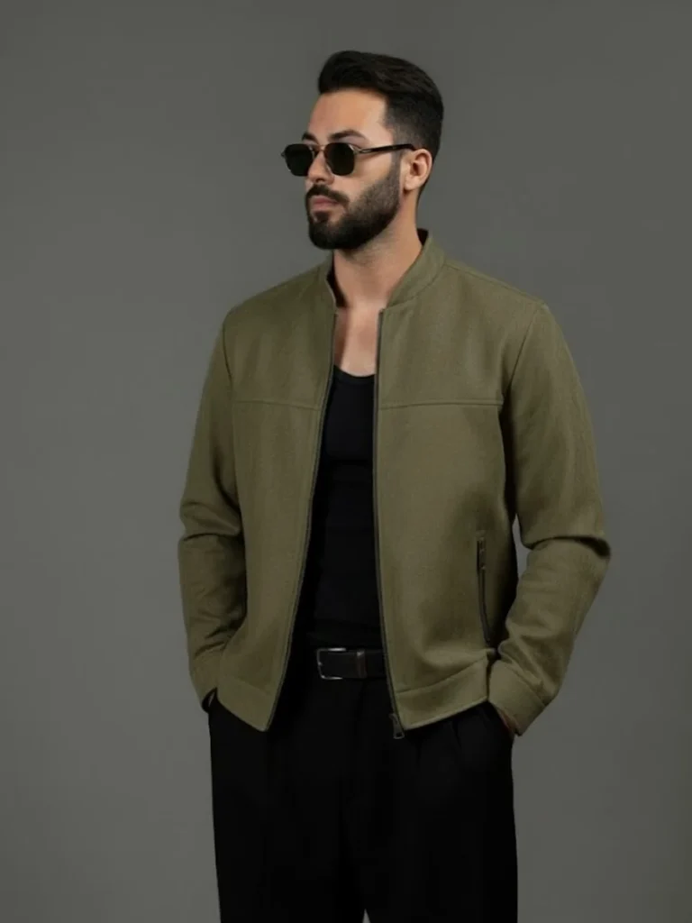 Olive Bomber Jacket and Black Pants