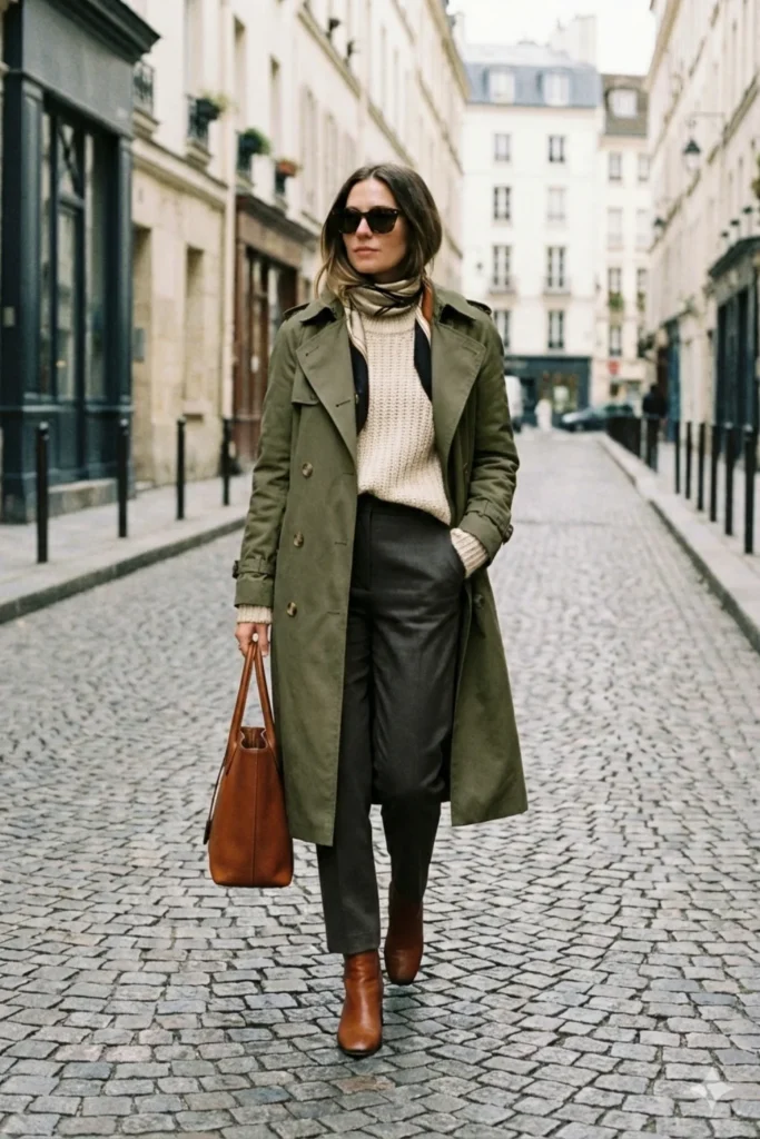 Olive Green Trench Coat with Knit Sweater