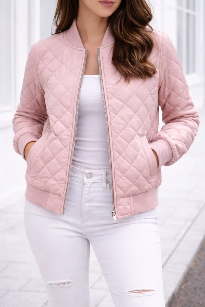  Pink Quilted Bomber Jacket