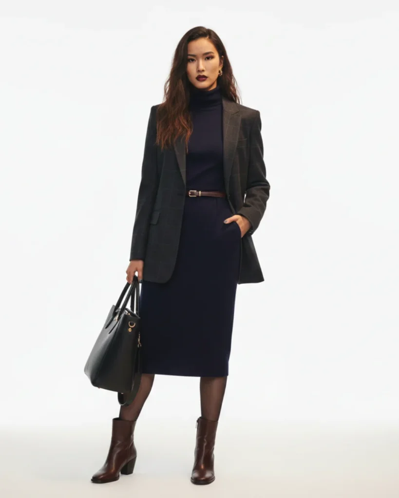 Professional Elegance with a Navy Turtleneck Dress