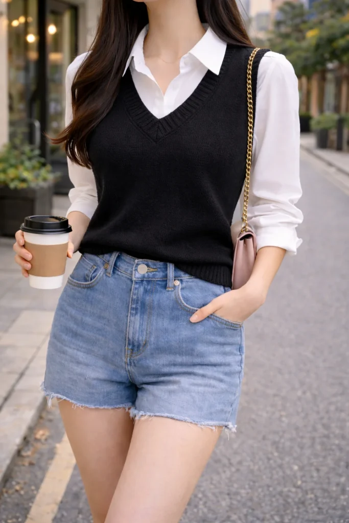  Simple and Sleek: Black Vest with Denim Shorts