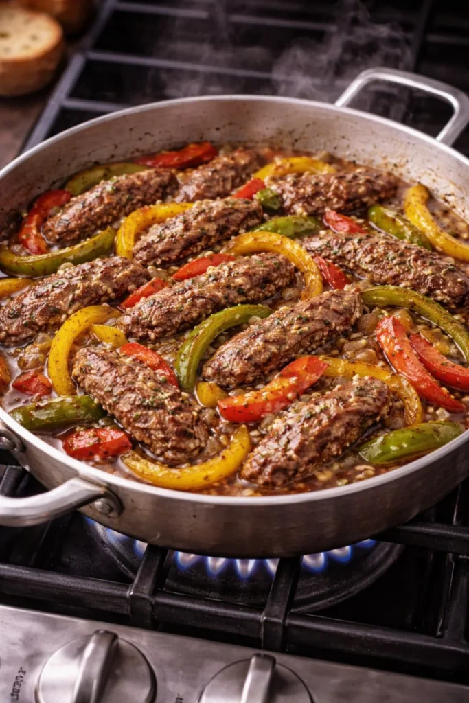 Sizzling steak and peppers in skillet