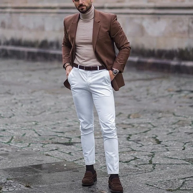 Sophisticated Brown Blazer with White Pants