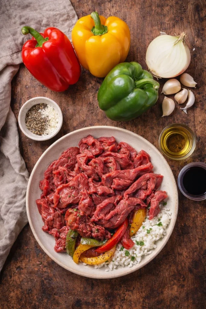 Steak and peppers preparation ingredients