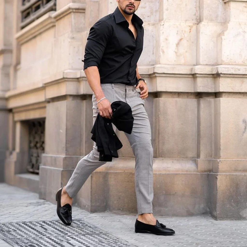 Stylish Casual Look with Black Shirt and Checkered Pants