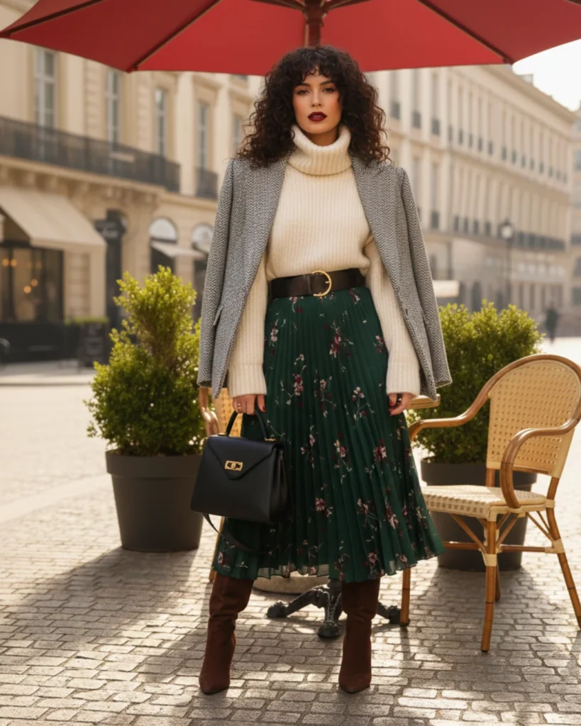 Stylish Turtleneck with a Green Floral Skirt