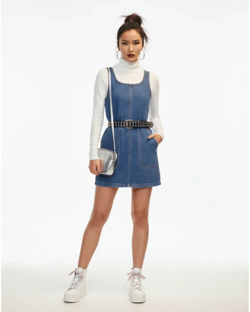 Turtleneck Layered with Denim Dress for a Casual Vibe
