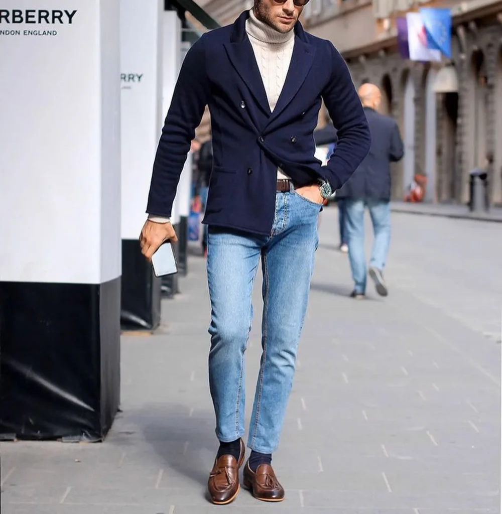 Winter Style with Navy Double-Breasted Coat