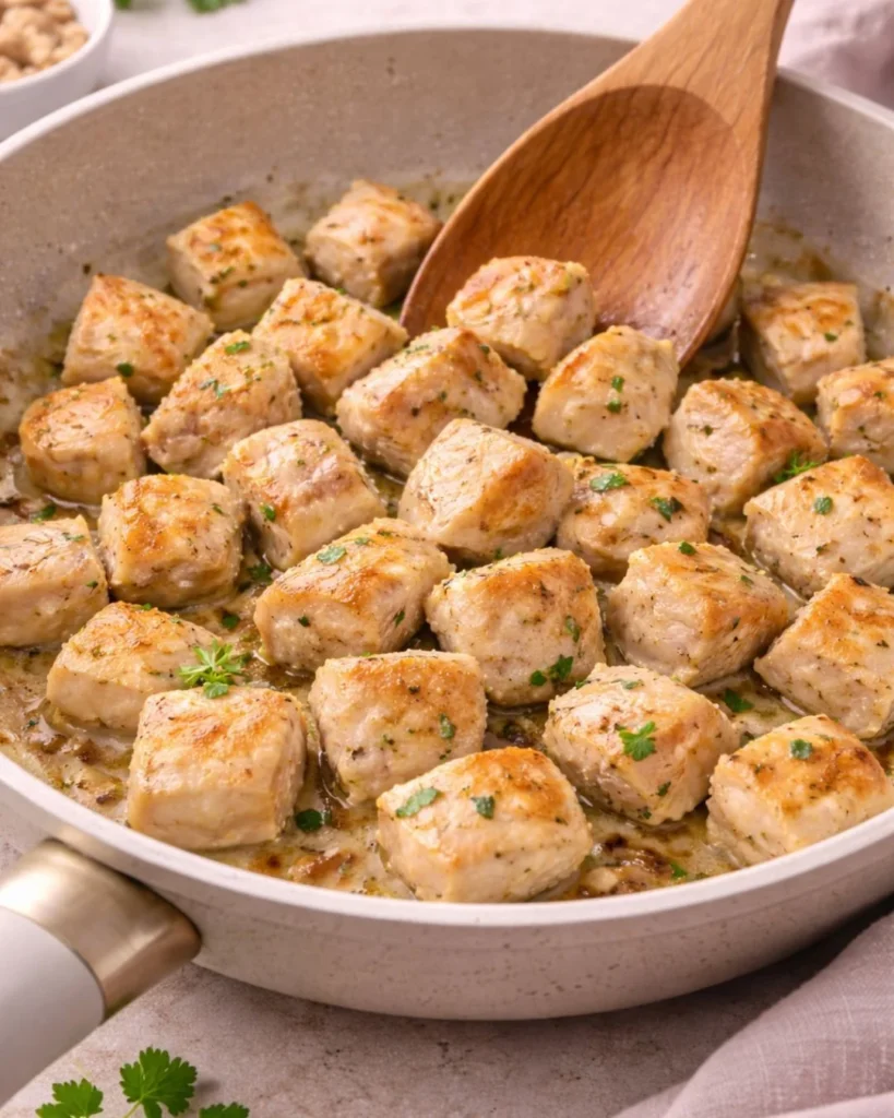 golden seared chicken in skillet