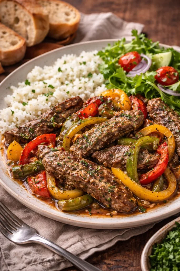 steak and peppers with rice and salad