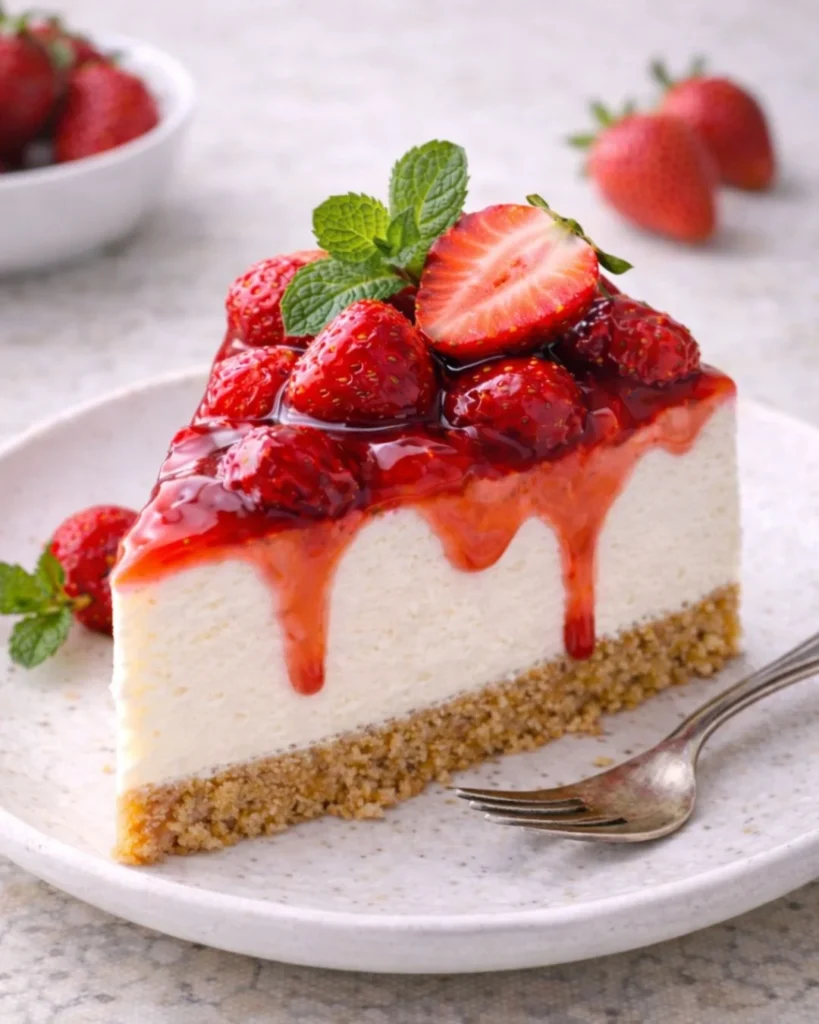 strawberry cheesecake slice with fresh mint