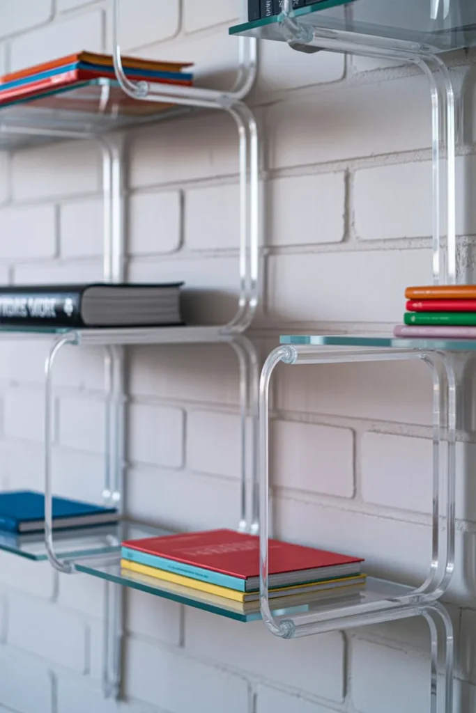 17 Living Room Storage Ideas to Add Space Smartly Acrylic Ghost Shelves for Invisible Storage