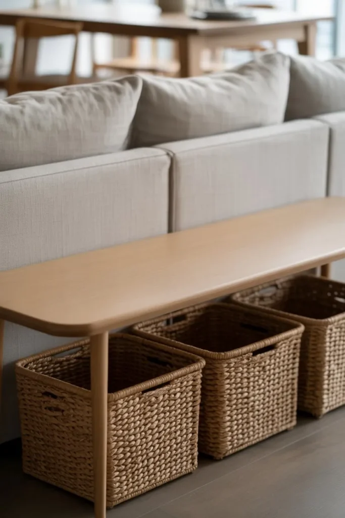 17 Living Room Storage Ideas to Add Space Smartly Behind the Sofa Console Table with Hidden Bins