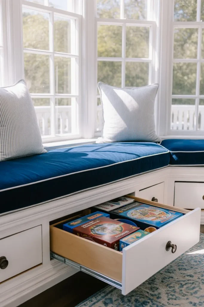 17 Living Room Storage Ideas to Add Space Smartly Custom Built-In Window Seat with Deep Pull-Out Drawers