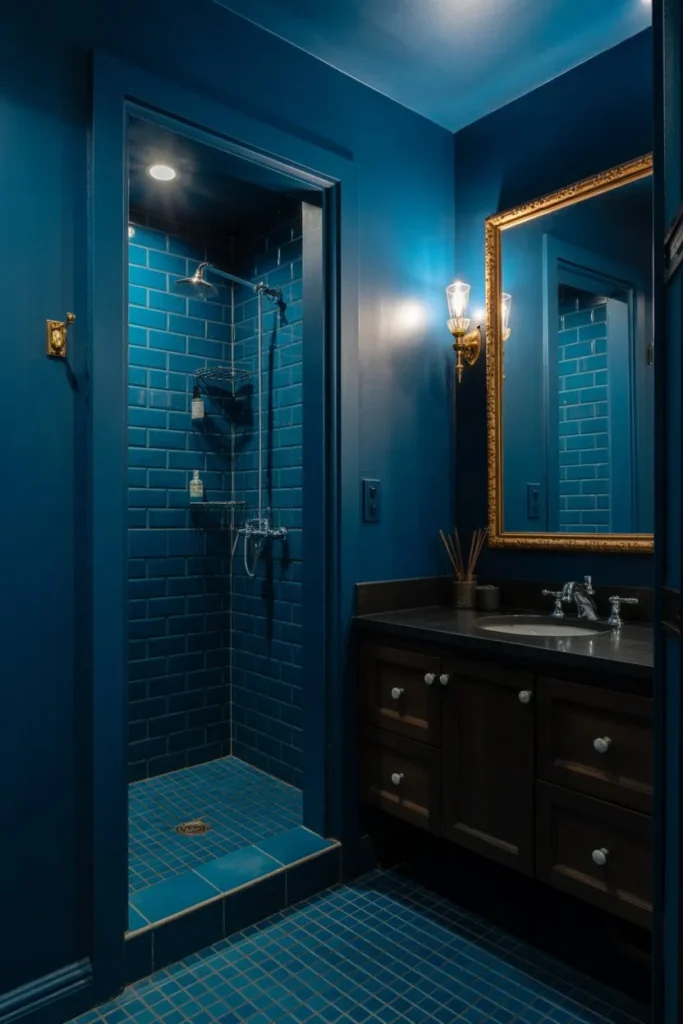 Dark Blue Bathroom with Moody Ambiance