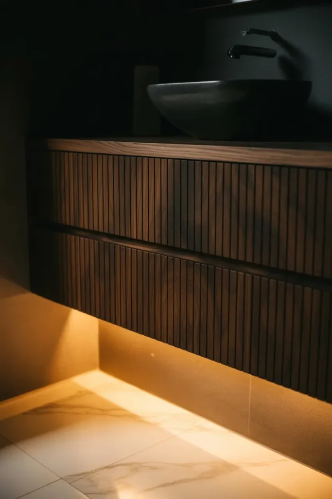 21 Modern Luxury Bathroom Ideas for a Spa-Like Feel Floating Walnut Vanity with Under-Cabinet Glow