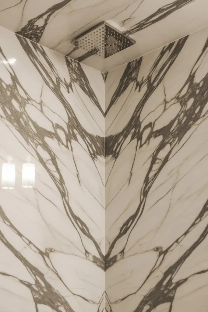 21 Modern Luxury Bathroom Ideas for a Spa-Like Feel Floor-to-Ceiling Bookmatched Marble Shower